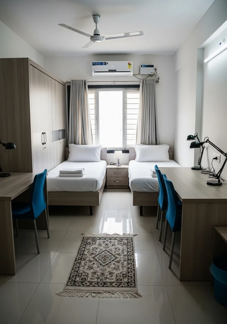 Double sharing AC room interior at Blrstay men's PG in Yelahanka — two beds, wardrobes, study tables, and attached bathroom, ₹6,000/month per person